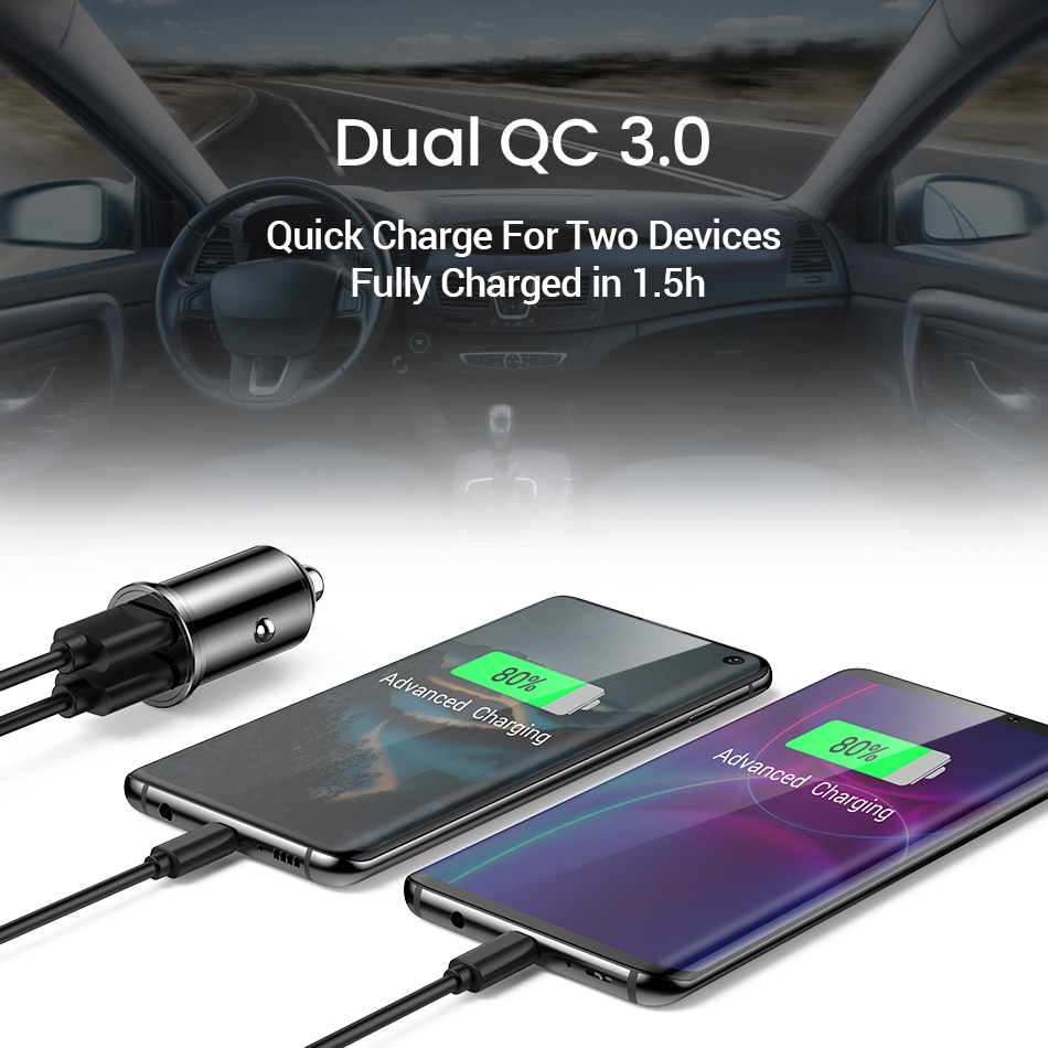 FIVI Car Charger Dual USB Quick Charge QC 3.0 Metal For Samsung