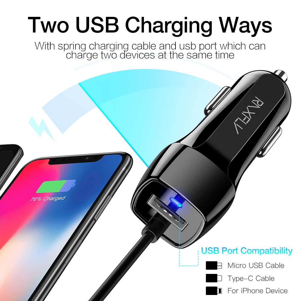 RAXFLY USB Car Charger For iPhone X 6 7 8 XS Max Phone Charger