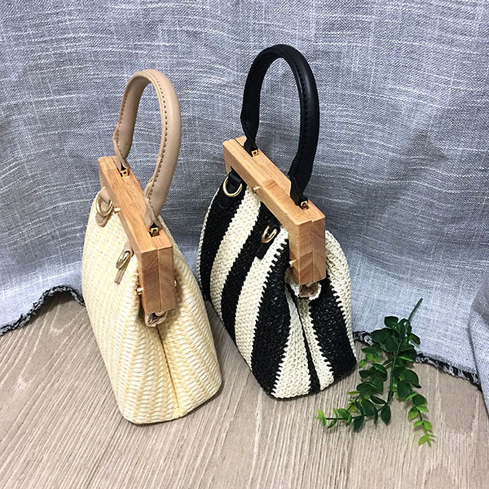 Oswego Straw Bag 2019 New Fashion Wooden Clip Women Shoulder Bag Summer Travel Beach Bag Luxury Handbags Women Bags Designer